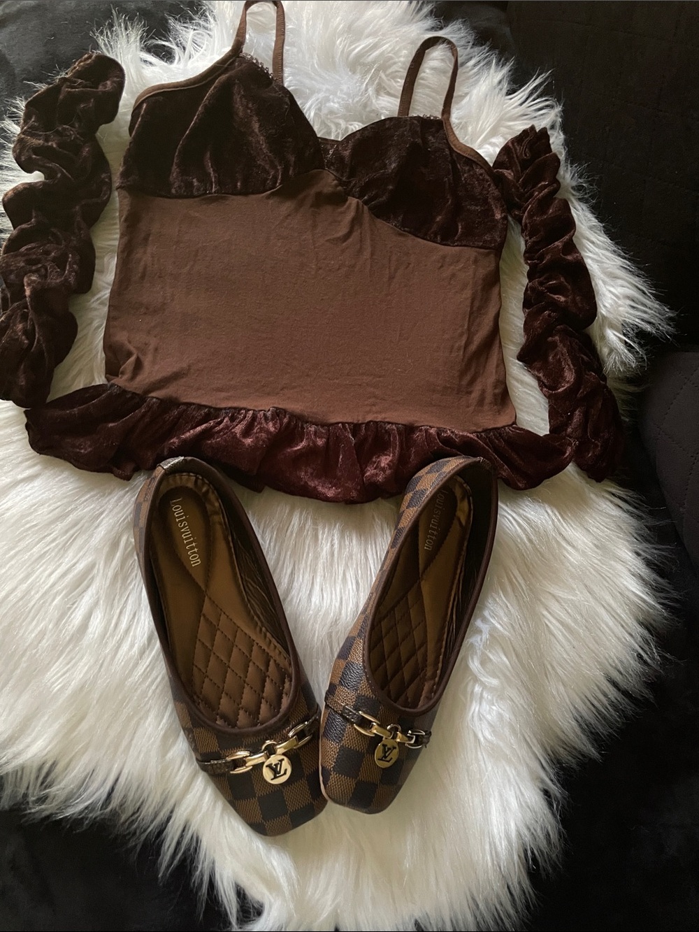 Velvet Brown Ruffle Cami with Matching Arm Warmers sleeves made in Evrope